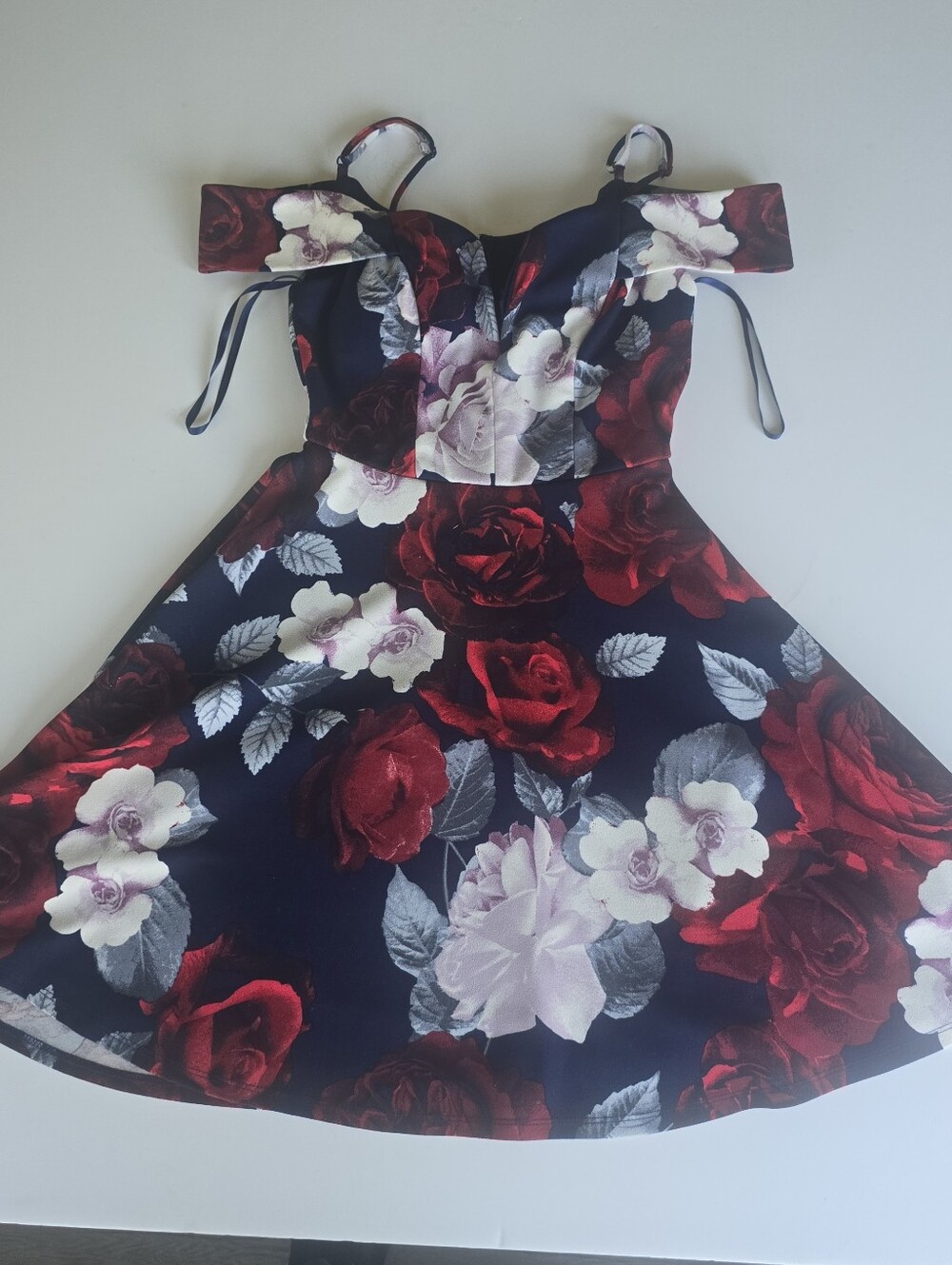 City Studio Navy Floral Off-Shoulder Party Dress with Red & White Roses